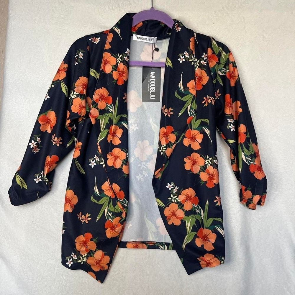Doublju Womens Tropical Hibiscus Floral Open Front Ruched Sleeve Blazer Navy S